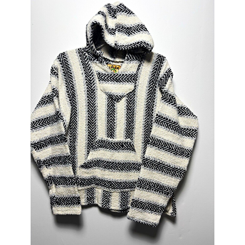 Baja Joe Black/White Striped Knit Pullover Hoodie w/ Pockets Men’s S